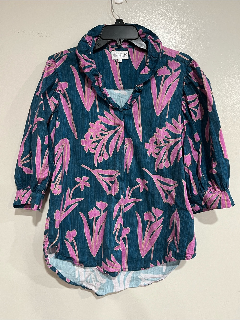Holly Shae Design Avie Top Gloaming Autumn Garden Teal Pink Puff Sleeve Size S/M
